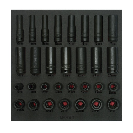 [CH219] Juego de dados de impacto cortos y largos métricos cuadro de 1/2" 30 piezas, CH219-C Urrea