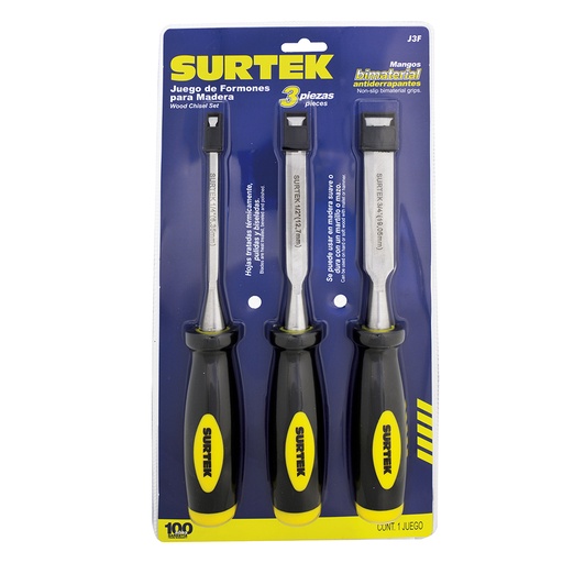 [J3F] Juego de formones para madera con mango bimaterial 1/4", 1/2" y 3/4", 3 piezas Surtek