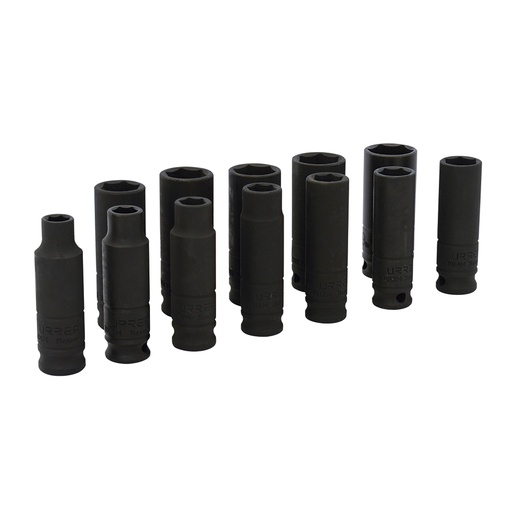 [72212] Juego de dados de impacto largos cuadro de 3/8", 6 puntas, métricos, 11 piezas Urrea
