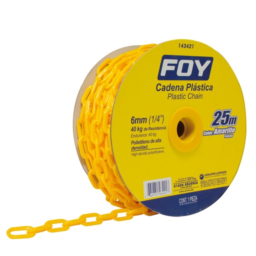 [143421] Cadena plástica calibre 6 mm de 25 m, color amarillo Foy