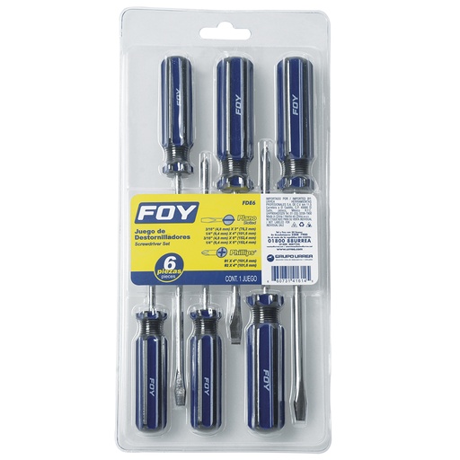 [FDE6] Juego de destornilladores con mango de PVC combinados, 6 piezas en blíster Foy