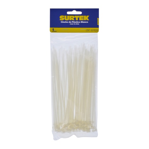 [114202] Cinchos plásticos 165 x 2.5 mm, tensión 8 kg de 100 piezas, color natural Surtek