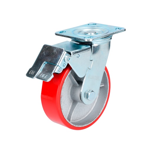 [RP15B] Rodaja de fierro con poliuretano rojo giratoria con freno 6" Surtek
