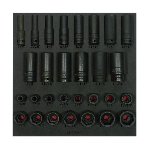 [CH218] Juego de dados de impacto cortos y largos en pulgadas cuadro de 1/2" 29 piezas, CH218-C Urrea