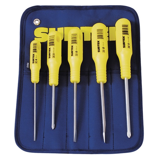 [D400A] Juego de destornilladores con mango amarillo combinados, 5 piezas en estuche Surtek