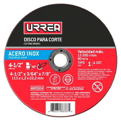 [AMSS04A] Disco abrasivo tipo 1 para acero inoxidable 4-1/2" x 1/16" Urrea