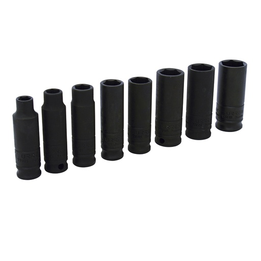[72112] Juego de dados de impacto largos cuadro de 3/8", 6 puntas, en pulgadas, 8 piezas Urrea