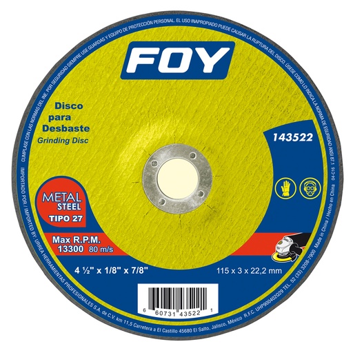 [143522] Disco abrasivo tipo 27 para metal 4-1/2" x 3 mm Foy