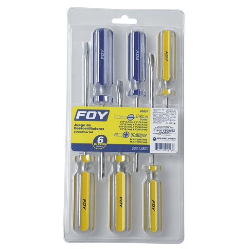 [FDE6T] Juego de destornilladores con mango de PVC combinados, 6 piezas en blíster Foy