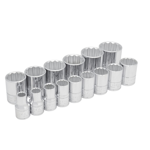 [54114] Juego de dados cuadro de 1/2", 12 puntas, en pulgadas, 15 piezas Urrea