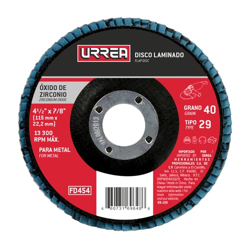 [FD456] Disco laminado tipo 29 grano 60, 4-1/2" Urrea