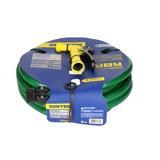 [JM12ST15] Manguera para jardín tramada verde con pistola para riego 1/2", 15 m Surtek