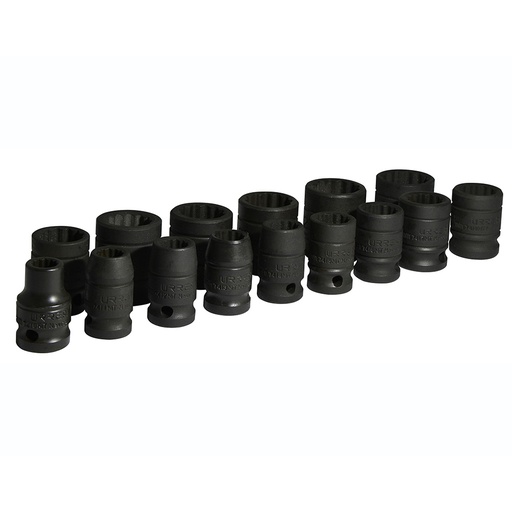 [74201] Juego de dados de impacto cuadro de 1/2", 12 puntas, métricos, 15 piezas Urrea