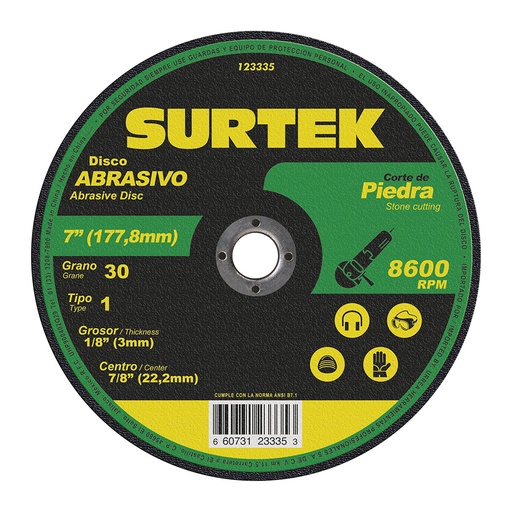 [123335] Disco abrasivo tipo 1 para piedra 7" x 9/64" Surtek