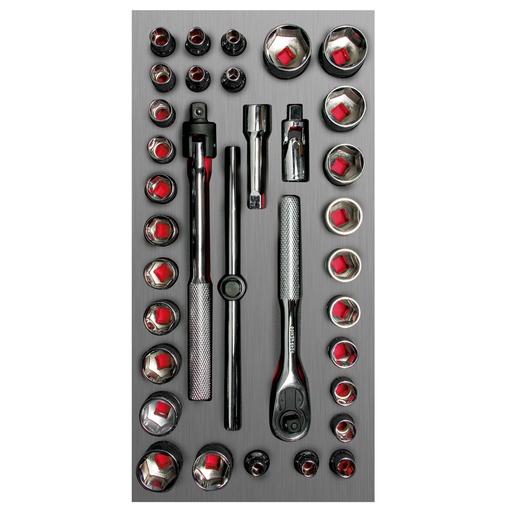 [CH104L] Juego de dados cortos y accesorios cuadro de  3/8" combinados 34 piezas, CH104L-C Urrea