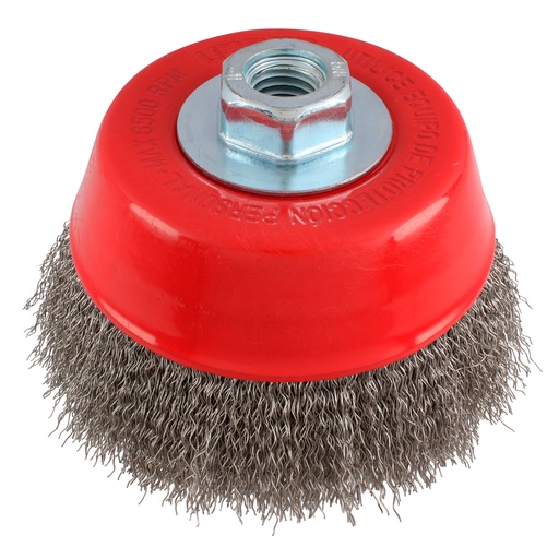 [C937] Carda copa ondulada alambre delgado de acero inoxidable 5" x 0.30 mm con rosca M14 Urrea