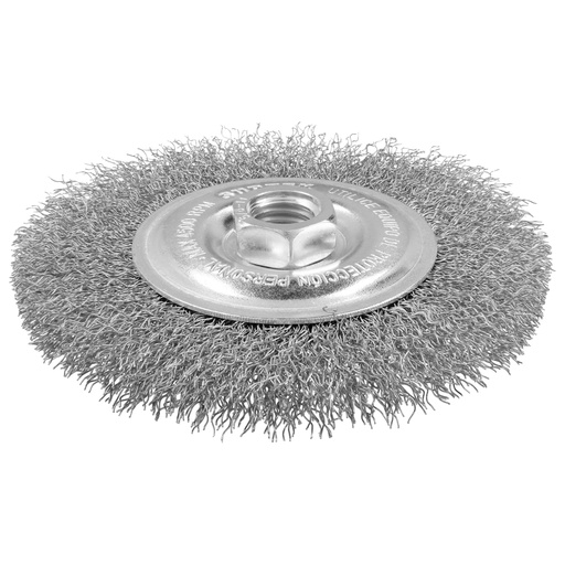 [C620] Carda circular ondulada alambre delgado de acero inoxidable 6" x 0.30 mm con rosca 5/8" Surtek
