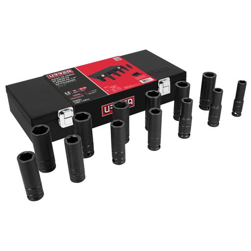 [7302MC] Juego de dados largos de impacto cuadro de 1/2", 6 puntas, métricos, 13 piezas Urrea