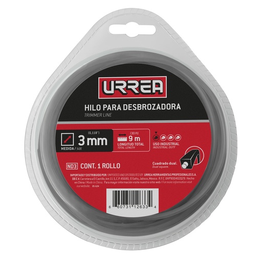 [ND3] Nailon cuadro dual para desbrozadora doble blister, 3 mm x 9 m Urrea