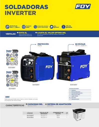 [SI316BV] Soldadora inverter para electrodos de 1 fase bi voltaje 110-220 V, 160 A Foy